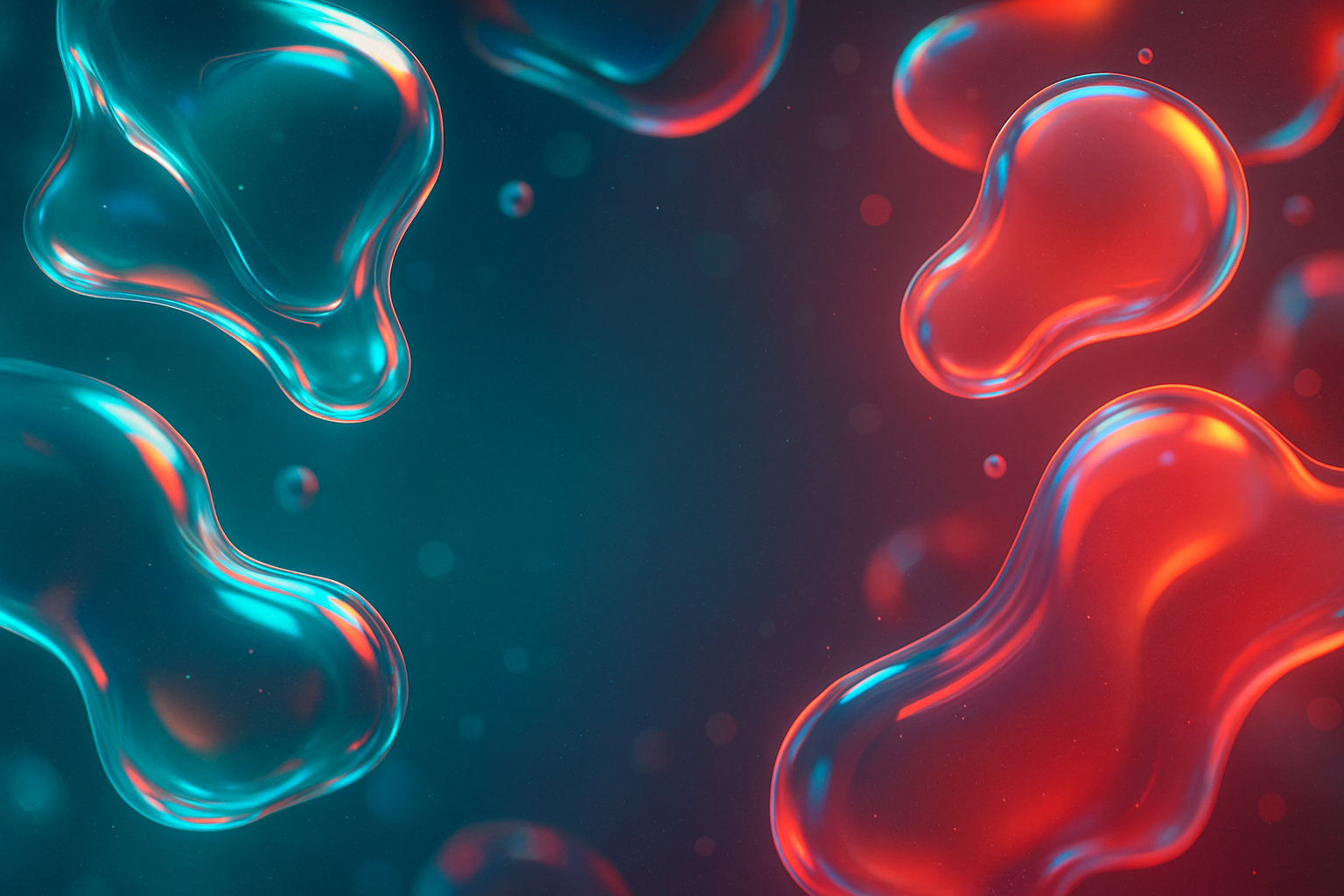 Futuristic 2025-style liquid gradient: ultra-detailed, hyperreal abstract background with flowing glass-like liquid forms and organic blobs transitioning from teal #00C2A8 to coral #FF6B6B; volumetric lighting, iridescent holographic refractions, neon rim highlights, cinematic bokeh and soft vignette, layered depth with micro-particle sparkles and subtle procedural noise for tactile feel; high contrast, deep saturation, polished studio render look, negative space in the center for headline, no text, no logos, 1536x1024.