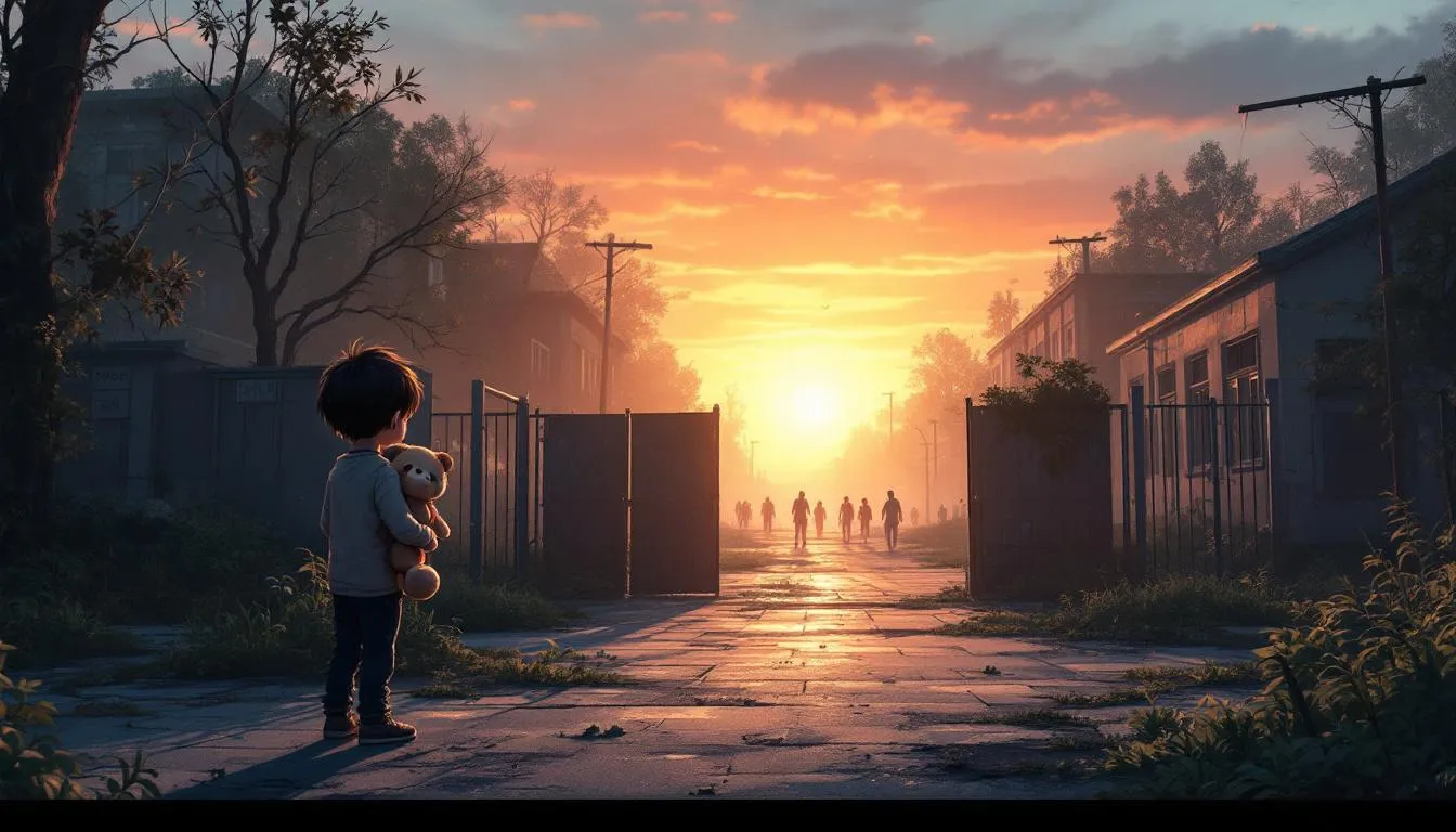 Anime-style melancholic concept art of an abandoned school courtyard at sunrise. A lone child clutching a worn stuffed toy stands by overgrown playground equipment; distant slow-moving zombies appear beyond the gates. Soft pastel sunrise colors, warm backlight, long shadows, subtle dust particles in the air, emotional expression, painterly anime illustration, high-detail concept art, 16:9, high resolution, no text or logos.