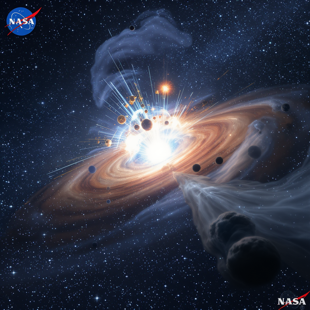 A highly detailed and realistic scientific representation of a supernova explosion, capturing the phenomenon in a NASA-style aesthetic. The image should include clear depictions of the supernova's core, shockwaves, and surrounding cosmic gas, with a focus on accurate colors such as bright blues, whites, and subtle hints of red and orange. The background should be star-filled space with a realistic texture and depth.