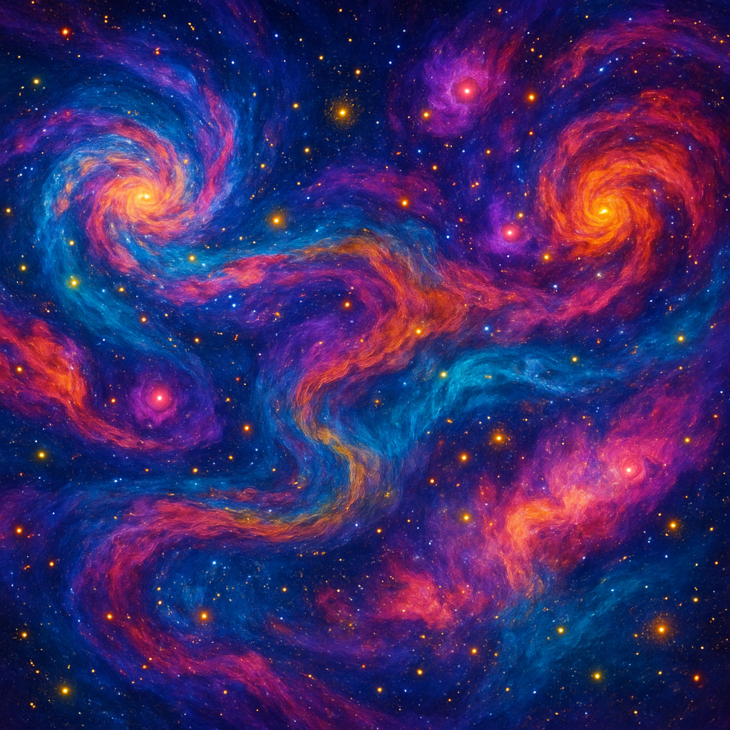 A mesmerizing abstract representation of space, filled with vibrant colors, swirling patterns, and cosmic elements like galaxies, stars, and nebulae. The composition should evoke a sense of depth and infinity, creating a visually stunning image that immerses the viewer in a cosmic experience.