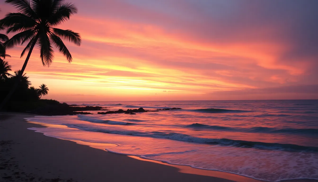 A realistic coastal view during sunset, featuring gentle waves lapping against a sandy shore, palm trees silhouetted in the foreground, and a vibrant sky with orange, pink, and purple hues reflecting on the water.