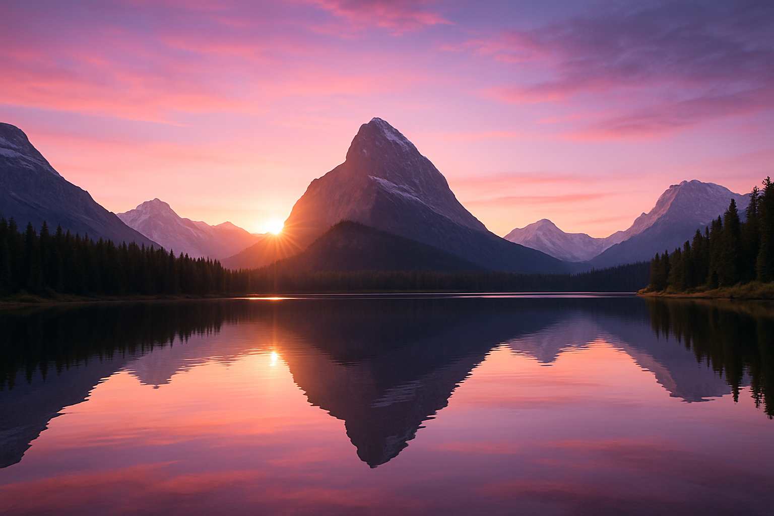 A serene mountain landscape at sunrise, featuring a peaceful lake reflecting the majestic mountains and a colorful sky transitioning from pink to purple as the sun rises.