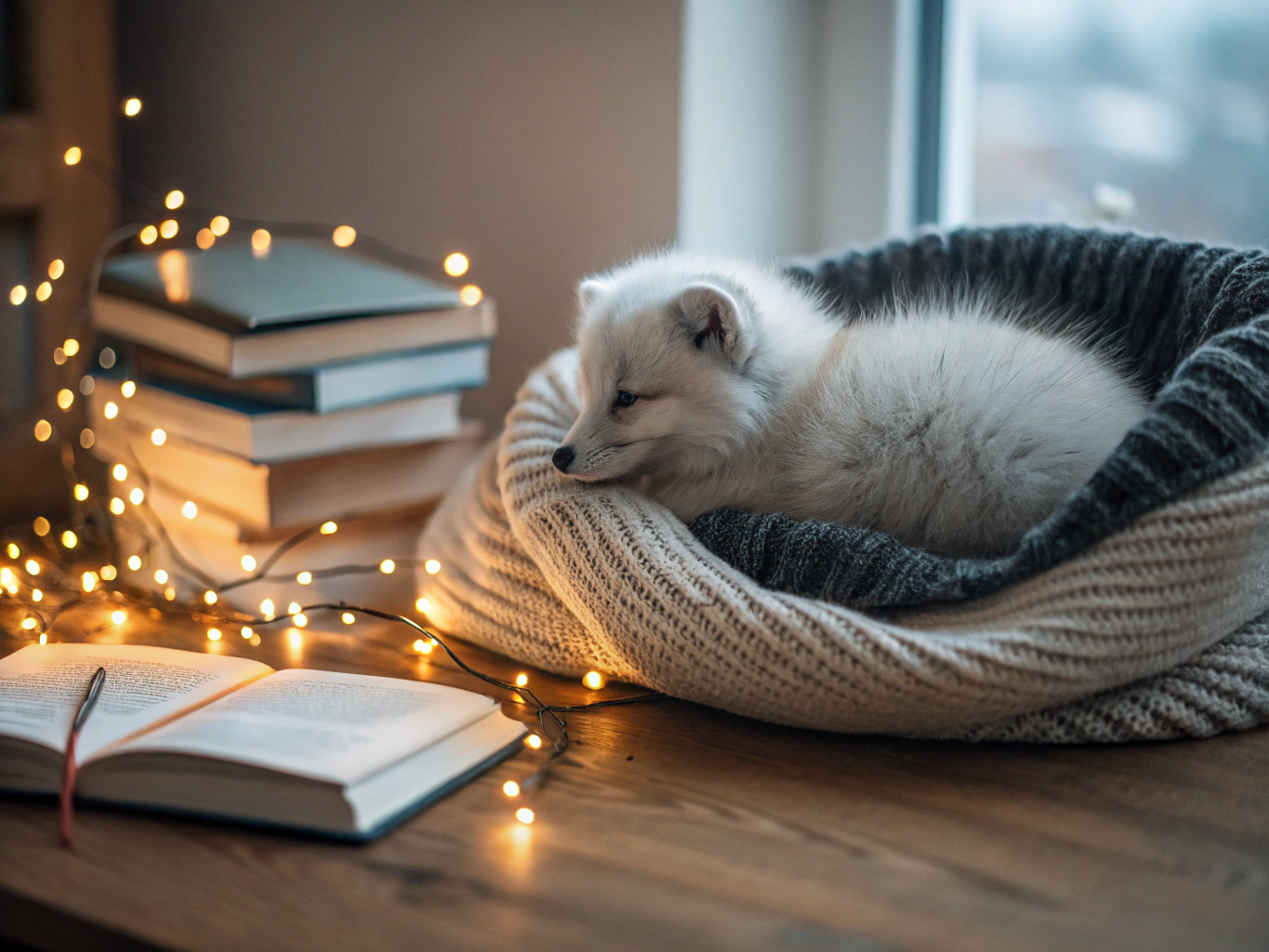A fluffy baby arctic fox curled up inside a cozy knitted sweater, surrounded by glowing fairy lights and books on a wooden table, warm ambient lighting, soft textures, shallow depth of field, heartwarming and whimsical atmosphere