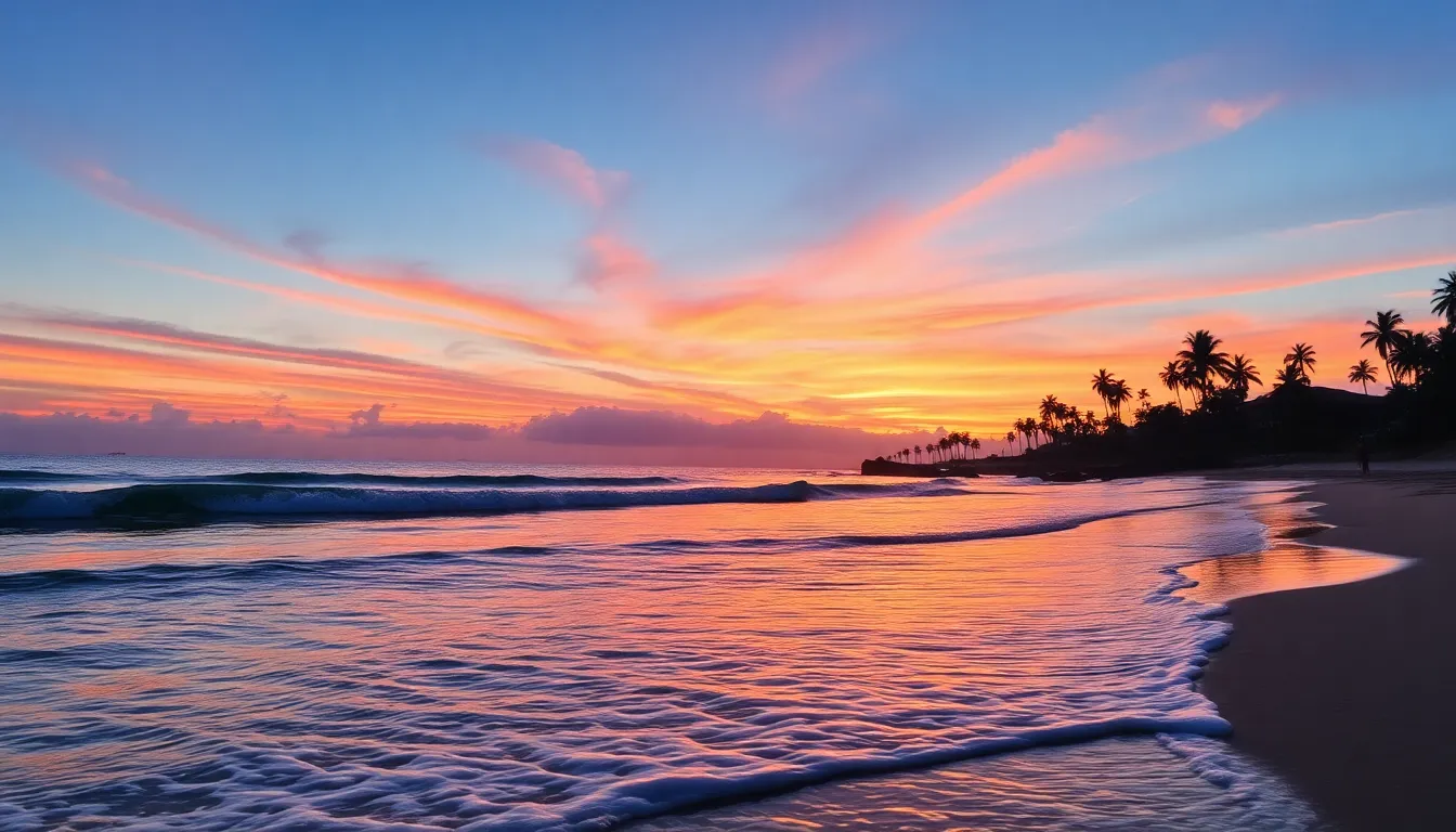 A realistic coastal landscape at sunset, featuring gentle waves rolling onto a sandy beach, with tall palm trees silhouetted against the colorful sky. The sunset reflects vibrant hues of orange, pink, and purple on the water's surface.