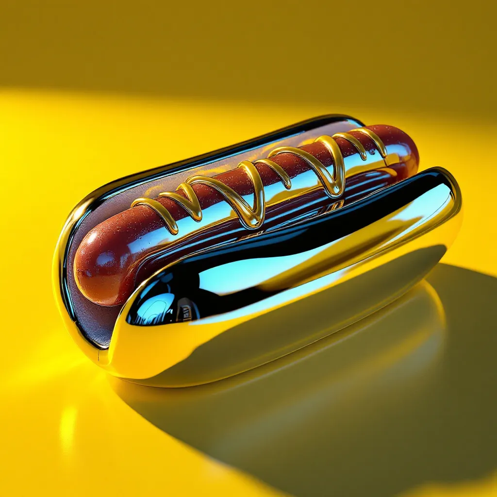 Fully metallic hot dog, designed in the style of Hajime Sorayama, featuring sleek silver and chrome surfaces with highly reflective, ultra-polished textures, including both the bun and sausage. Set against a clean, vibrant yellow background that enhances the glossy highlights and deep reflections. Hyperrealistic rendering, high-resolution, dramatic lighting, futuristic and elegant sci-fi aesthetic, with an emphasis on luxurious metallic detail