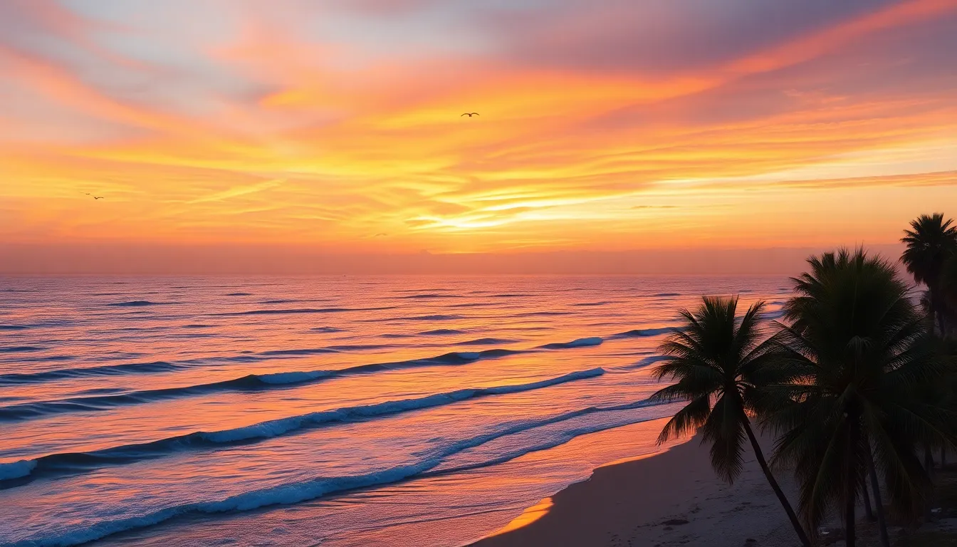 A realistic coastal view during sunset, with gentle waves lapping against the shore, palm trees in the foreground, and a colorful sky filled with hues of orange, pink, and purple. The water reflects the sunset colors and a few distant seagulls are flying in the sky.