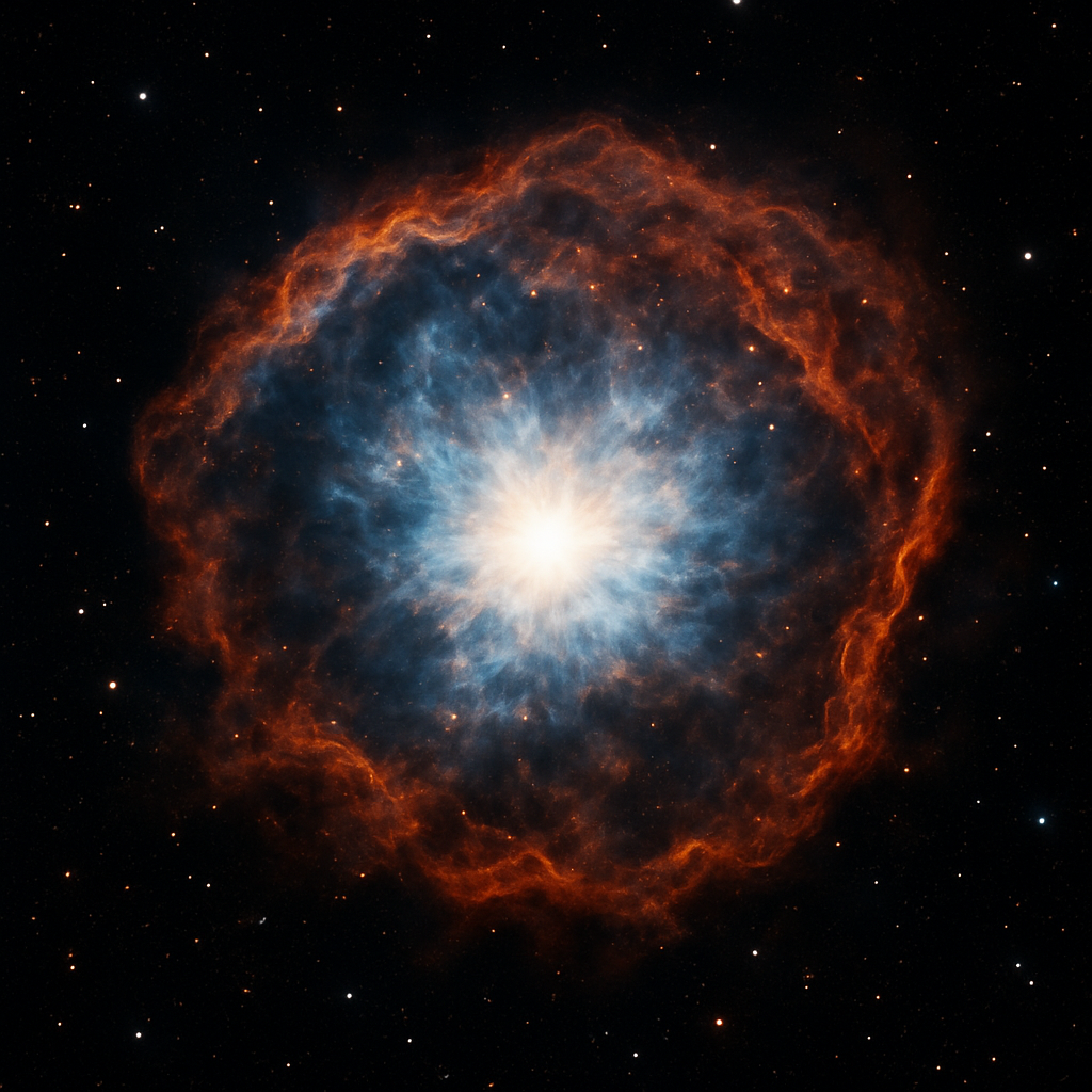 A highly detailed and realistic scientific representation of a supernova explosion, capturing the phenomenon with accuracy and clarity. The image should highlight the supernova's core, shockwaves, and surrounding cosmic gas with a focus on natural colors like bright blues, whites, reds, and oranges. The background should be a star-filled space, providing a sense of depth and realism in a NASA-style aesthetic.