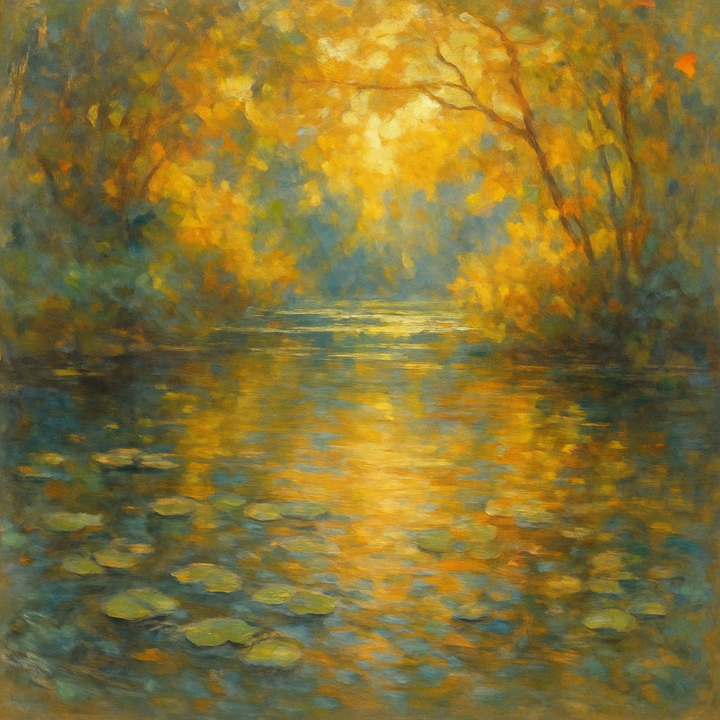 an impressionist-style watercolor oil painting of a tranquil pond. Use brushstrokes to blend colors, capture the play of light and color, and put in a warm glow of dappled sunlight.