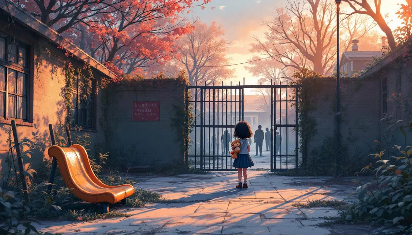 Moe Pixiv-style melancholic concept art of an abandoned school courtyard at sunrise. A small, innocent-looking girl clutching a worn stuffed toy stands by overgrown playground equipment; distant slow-moving shadow-zombies beyond the gates (non-graphic). Soft pastel sunrise colors, warm backlight, long gentle shadows, cute emotional expression, soft painterly Pixiv illustration, high-detail, 16:9, high resolution, no text or logos.