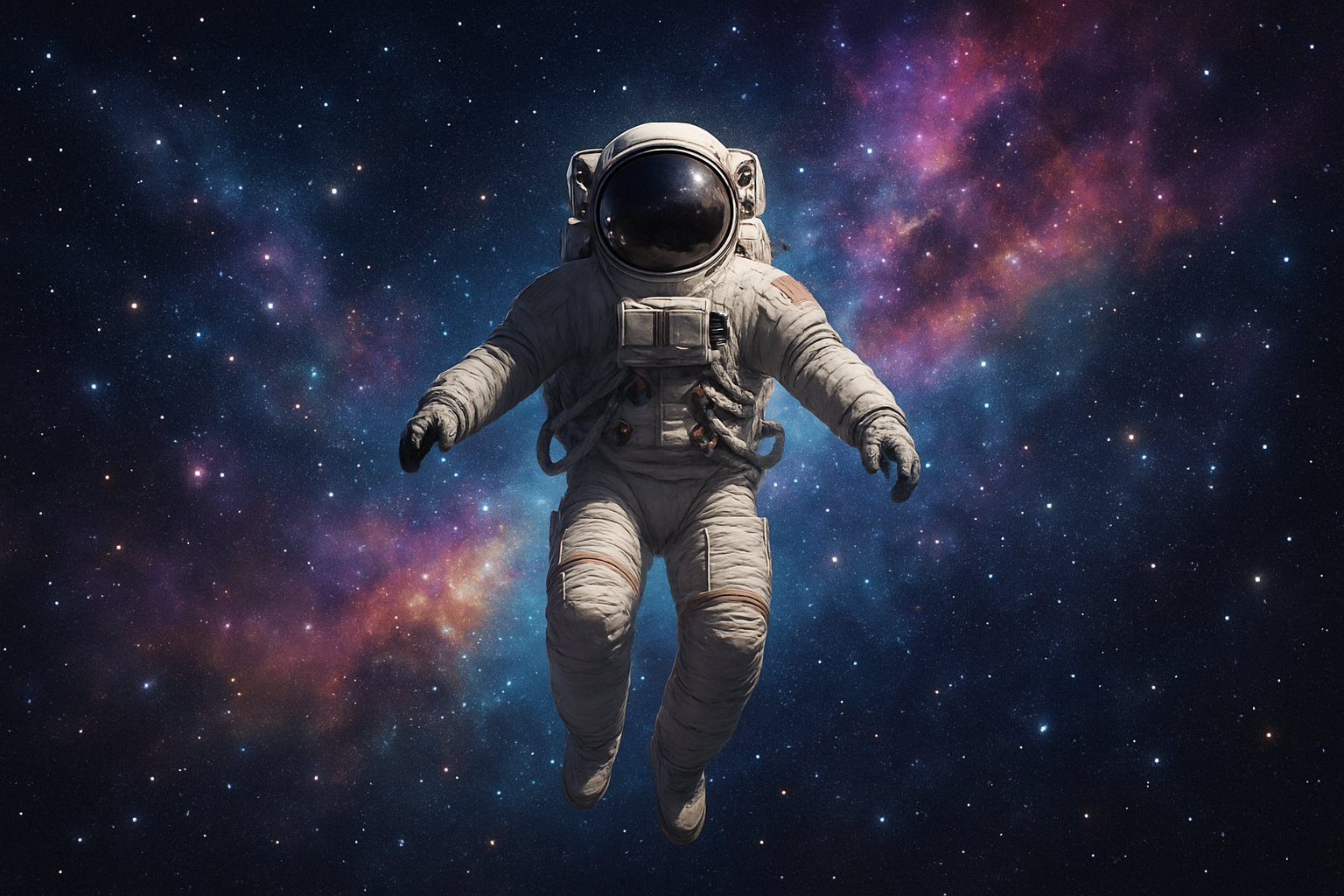 An astronaut floating in space with a vibrant nebula in the background, surrounded by stars and cosmic dust, showcasing the beauty of the universe.
