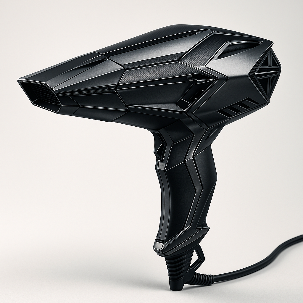 Futuristic hair dryer inspired by Lamborghini design, featuring sharp aerodynamic lines, angular contours, and high-performance detailing. The body is sculpted with a matte and gloss finish contrast, resembling luxury supercar materials like carbon fiber and brushed metal. Accents include aggressive vents, precision edges, and a streamlined silhouette. Rendered in ultra-realistic 3D against a clean, light background with soft, directional lighting to emphasize form and texture. High-resolution, cutting-edge industrial design with a sleek, automotive sci-fi aesthetic.