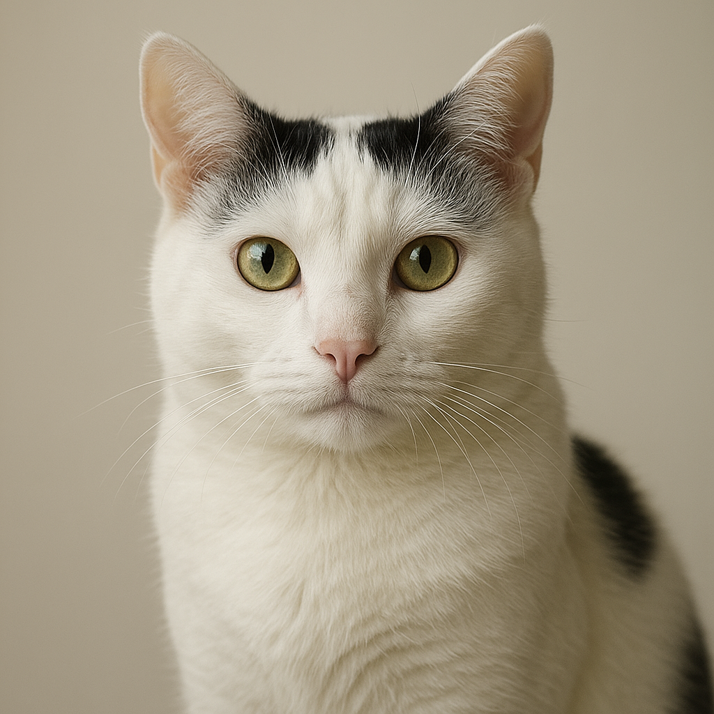 A white-furred German cat with black spots, realistic pet portrait, centered composition, soft natural lighting, detailed fur texture, clean background, high quality