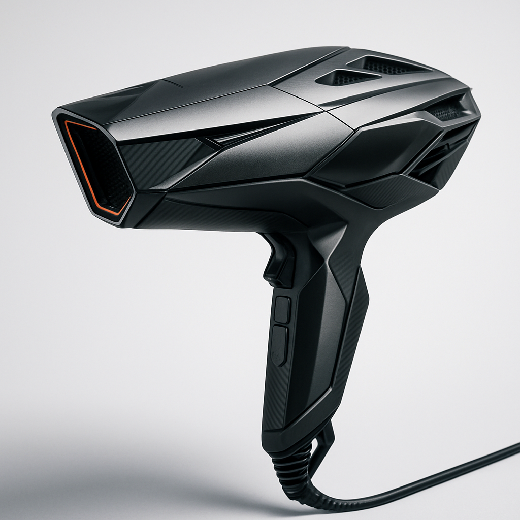 Futuristic hair dryer inspired by Lamborghini design, featuring sharp aerodynamic lines, angular contours, and high-performance detailing. The body is sculpted with a matte and gloss finish contrast, resembling luxury supercar materials like carbon fiber and brushed metal. Accents include aggressive vents, precision edges, and a streamlined silhouette. Rendered in ultra-realistic 3D against a clean, light background with soft, directional lighting to emphasize form and texture. High-resolution, cutting-edge industrial design with a sleek, automotive sci-fi aesthetic.
