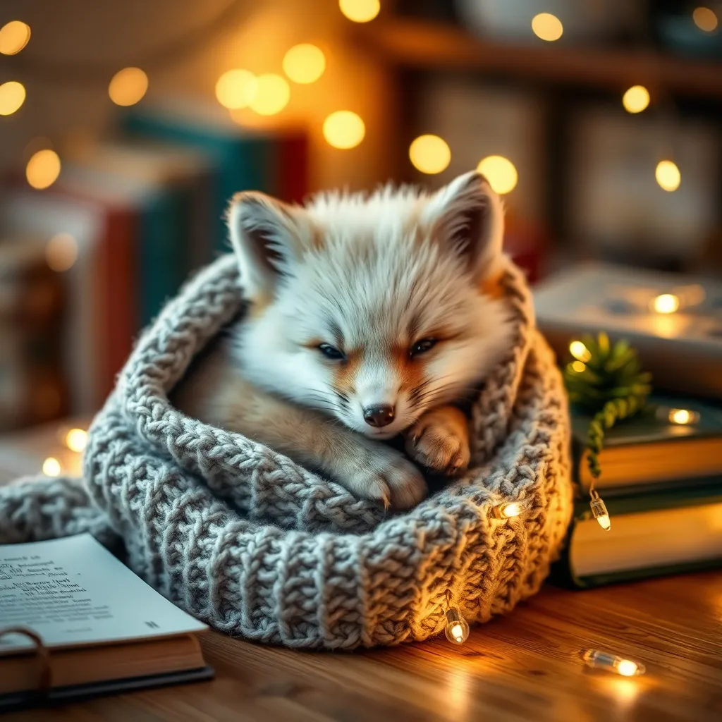 A fluffy baby arctic fox curled up inside a cozy knitted sweater, surrounded by glowing fairy lights and books on a wooden table, warm ambient lighting, soft textures, shallow depth of field, heartwarming and whimsical atmosphere