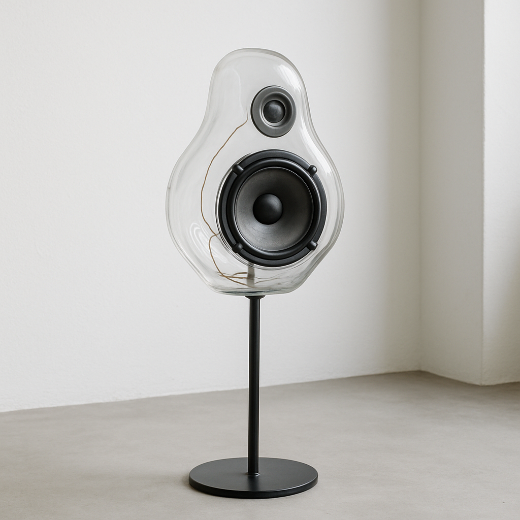 Create a minimalist home speaker out of glass.  It should have an organic shape as if it was formed by blowing glass.  It should be completely translucent, showing some of the wiring and other parts inside.  It should be mounted on a floor stand at approximately 3 feet high.  Place it in a room with white walls and concrete floor.
