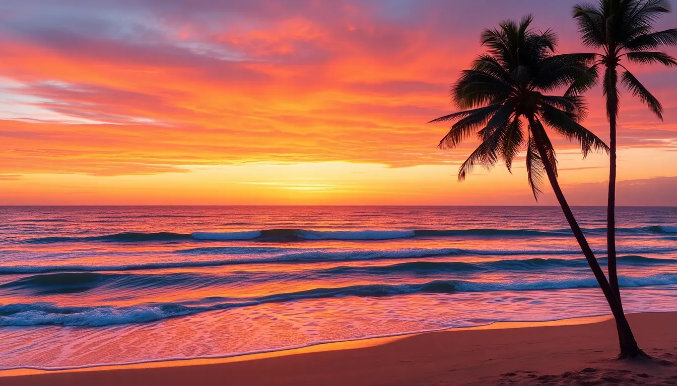 A realistic coastal landscape at sunset, featuring gentle waves rolling onto a sandy beach, with tall palm trees in the foreground. The sky is filled with vibrant shades of orange, pink, and purple, creating a serene and tranquil atmosphere.