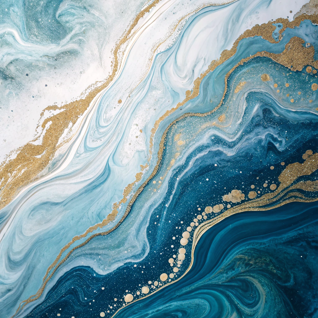 The image is a close-up of an abstract fluid art piece. It features a mesmerizing blend of blues, whites, and gold, creating a swirling, marbled effect. The colors are not uniformly distributed, but rather intermingle and flow into one another, forming intricate patterns and textures. The composition evokes a sense of movement and depth, resembling a celestial landscape or a turbulent ocean. The overall aesthetic is organic and ethereal, with a touch of metallic sheen from the gold accents.