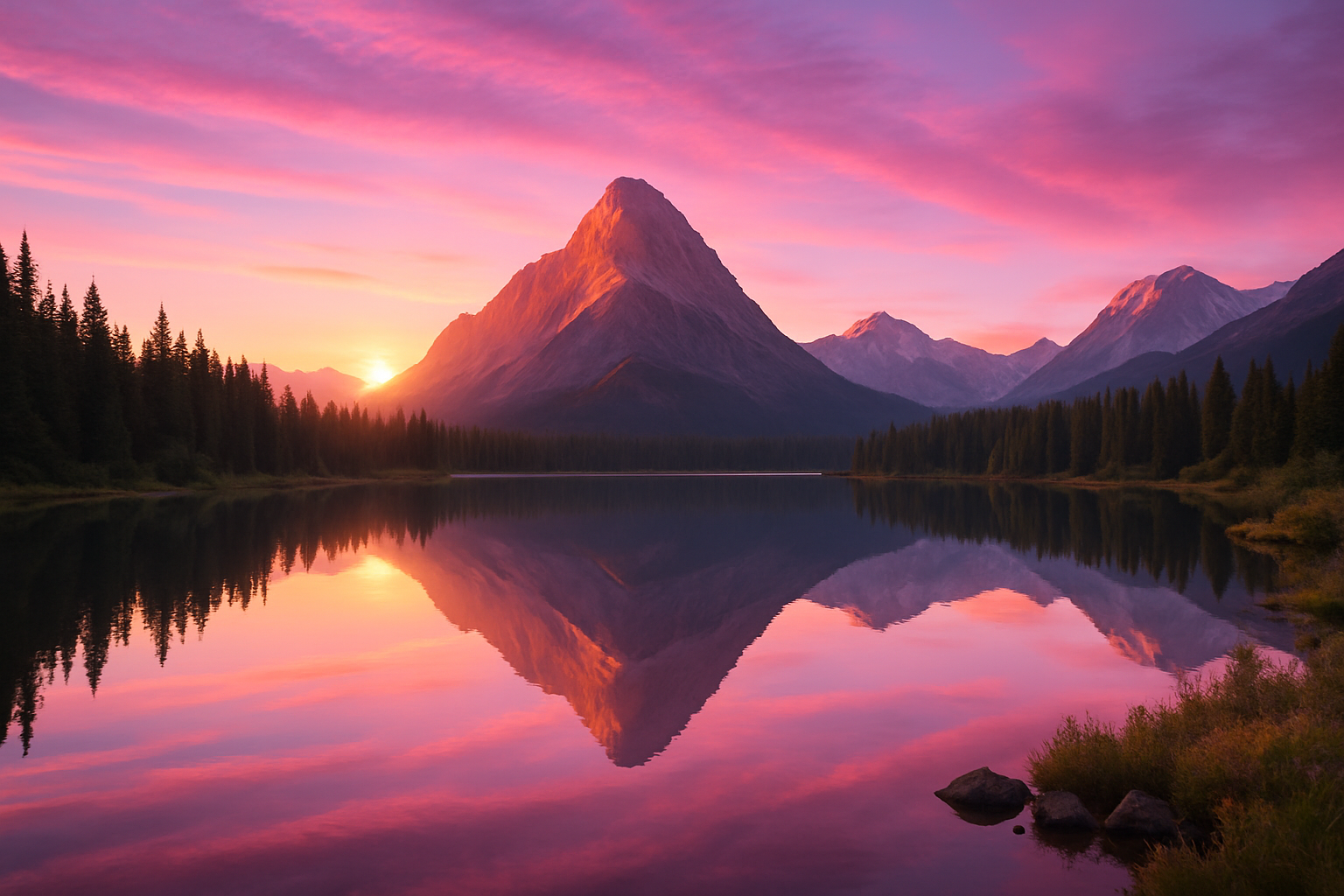 A serene mountain landscape at sunrise, featuring a peaceful lake reflecting the majestic mountains and a colorful sky transitioning from pink to purple as the sun rises.