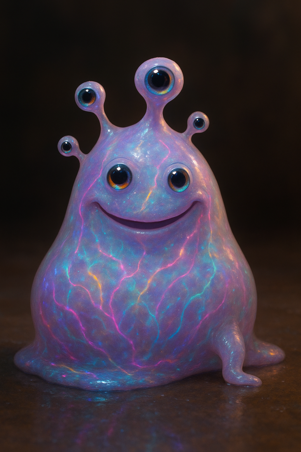 Render a realistic image of this character: Blobby Alien Character Spec Name: Glorptak (or nickname: "Glorp") Visual Appearance Body Shape: Amorphous and gelatinous. Overall silhouette resembles a teardrop or melting marshmallow, shifting slightly over time. Can squish and elongate when emotional or startled. Material Texture: Semi-translucent, bio-luminescent goo with a jelly-like wobble. Surface occasionally ripples when communicating or moving quickly. Color Palette: - Base: Iridescent lavender or seafoam green - Accents: Subsurface glowing veins of neon pink, electric blue, or golden yellow - Mood-based color shifts (anger = dark red, joy = bright aqua, fear = pale gray) Facial Features: - Eyes: 3–5 asymmetrical floating orbs inside the blob that rotate or blink independently - Mouth: Optional—appears as a rippling crescent on the surface when speaking or emoting - No visible nose or ears; uses vibration-sensitive receptors embedded in goo - Limbs: None by default, but can extrude pseudopods (tentacle-like limbs) when needed for interaction or locomotion. Can manifest temporary feet or hands. Movement & Behavior Locomotion: - Slides, bounces, and rolls. - Can stick to walls and ceilings via suction. When scared, may flatten and ooze away quickly. Mannerisms: - Constant wiggling or wobbling even at rest - Leaves harmless glowing slime trails - Tends to absorb nearby small objects temporarily out of curiosity