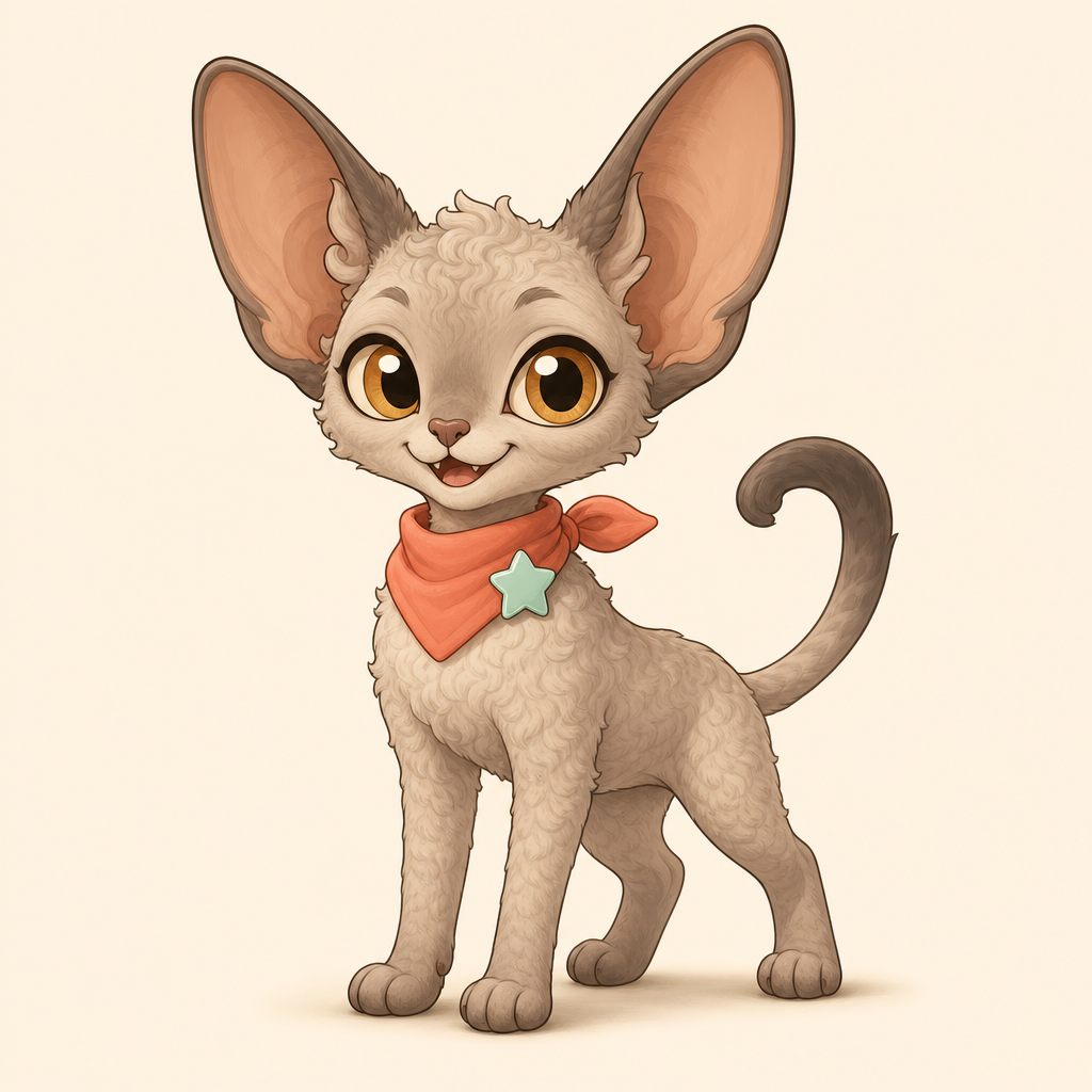 Create a polished mascot character concept for a Devon Rex cat IP, centered full-body character on a clean warm cream background. Cute premium Chinese brand mascot style, front-facing three-quarter pose, oversized bat-like ears, short curly suede-like fur, slender body, large expressive amber eyes, tiny heart-shaped nose, mischievous friendly smile. Distinctive signature accessory: a coral-orange neckerchief with a small mint-green star badge. Main fur color warm beige-gray with subtle darker ear and tail accents. Rounded simplified shapes, bold clean outline, soft flat colors with gentle shading, highly memorable silhouette, toy and sticker friendly, no text, no watermark, single character, professional character design presentation, 1:1 composition.