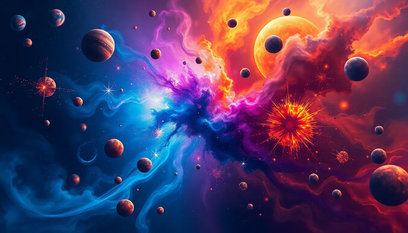 An abstract representation of a cosmic explosion, featuring swirling galaxies, vibrant nebulae, and floating geometric shapes that resemble stars and planets. The color palette should include deep blues, purples, and bursts of bright oranges and yellows, giving a sense of dynamic movement and depth.