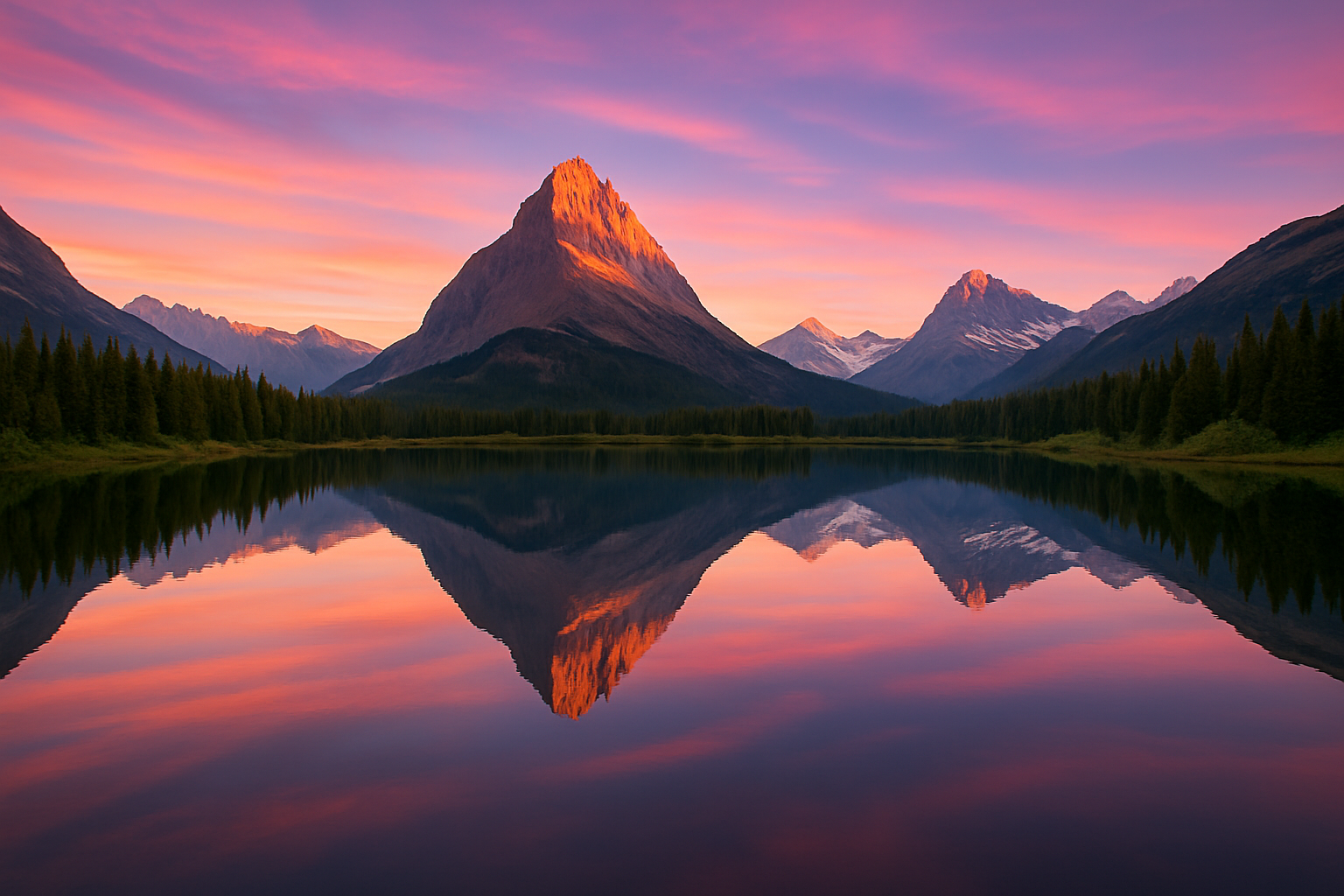 A serene mountain landscape at sunrise, featuring a peaceful lake reflecting the majestic mountains and a colorful sky transitioning from pink to purple as the sun rises.