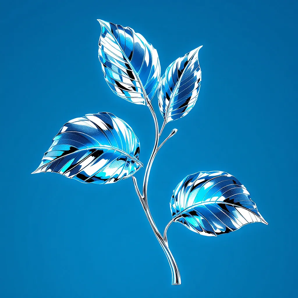 branch with three leaves, designed in the style of Hajime Sorayama, featuring sleek silver and chrome surfaces with highly reflective metallic textures, ultra-detailed and futuristic. Set against a clean, vibrant blue background that enhances the shiny highlights and rich reflections. Hyperrealistic rendering, high-resolution, dramatic lighting, glossy finish, elegant sci-fi aesthetic

