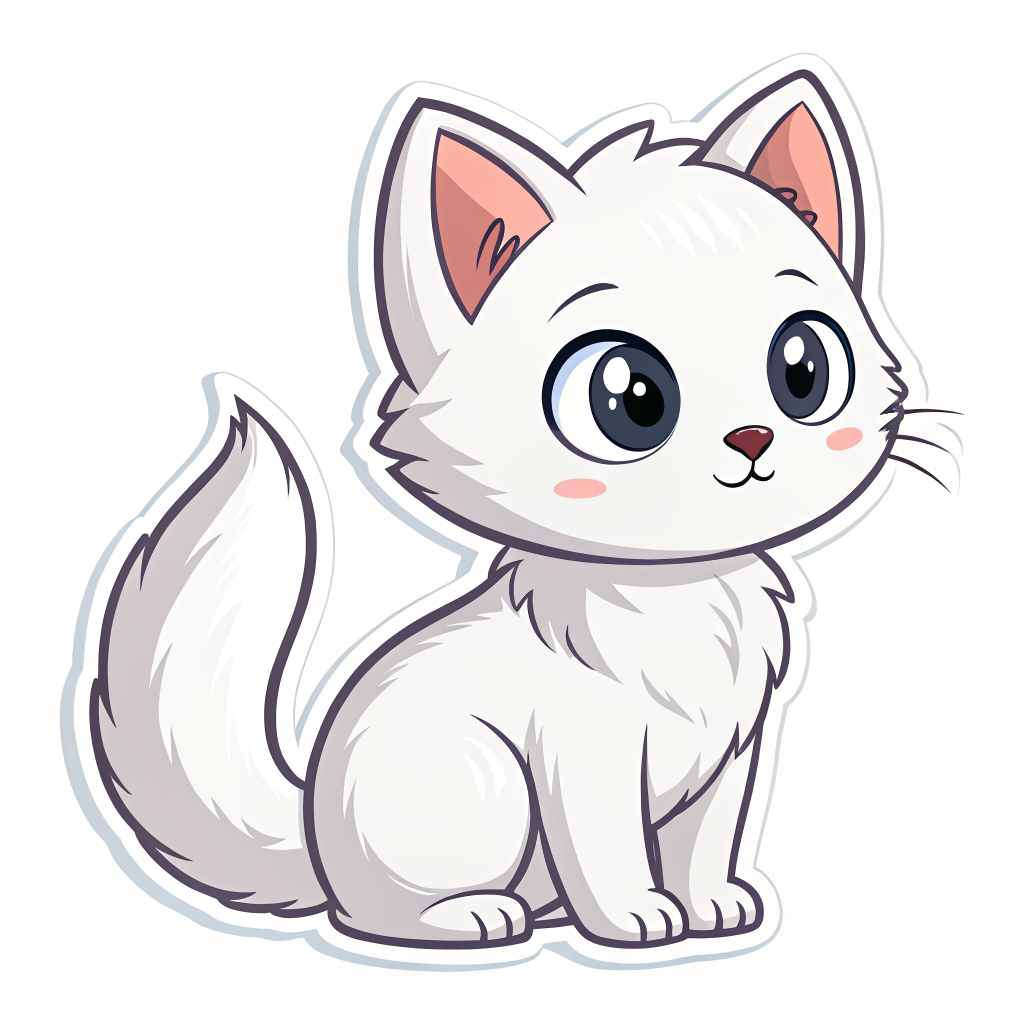 A cute white-furred kitten in a simple clean vector illustration style, matching a minimal sticker-like cat design. White fur with very subtle light gray shading for depth, soft rounded shapes, expressive eyes, tidy ears, centered composition, isolated on a plain transparent or white background, no text, no props, no extra animals, polished design asset.