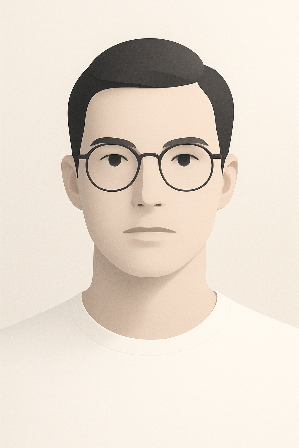 A minimalistic portrait of a person in the style of Apple's design aesthetics, featuring clean lines and a sleek appearance. The person should be facing forward with a neutral expression, with a soft background that complements the overall elegant design.