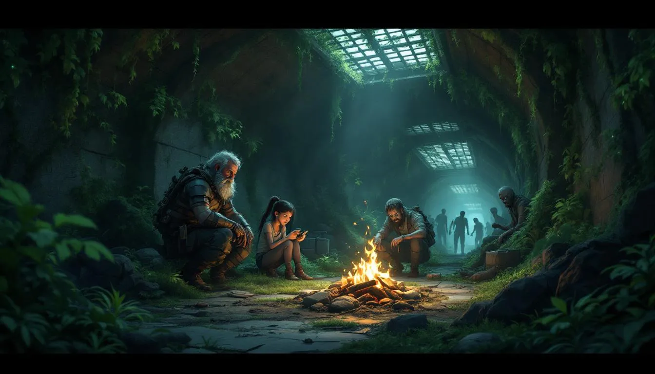 Anime-style concept art showing a small survivor group camped in an overgrown subway tunnel. Scene includes an older bearded man with improvised armor, a young girl checking supplies, and two other survivors around a makeshift fire. Bioluminescent moss and vines cover the walls, shafts of light from grates above, zombies lurking in the shadows. Moody green-blue palette, gritty textures, cinematic volumetric lighting, detailed environment storytelling, concept art, 16:9, high resolution, no text or logos.