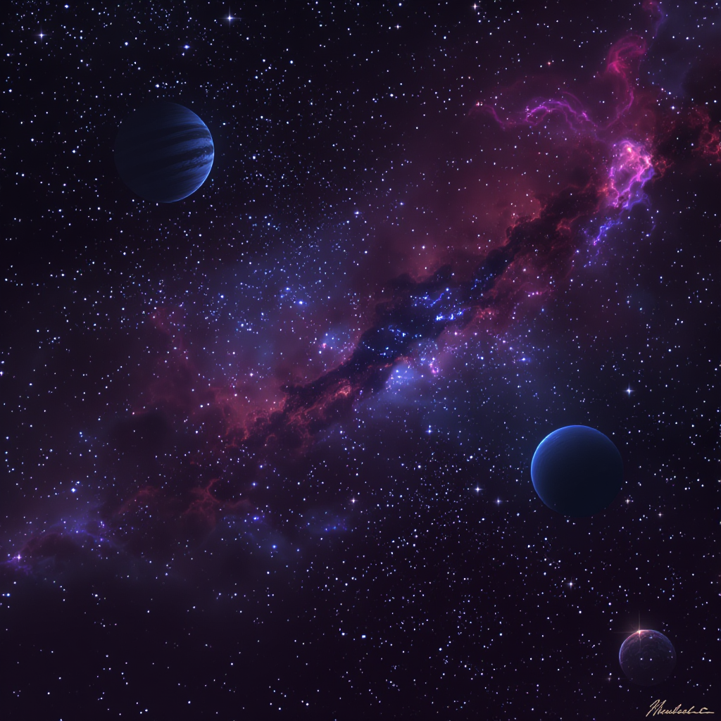 A realistic representation of space, featuring detailed depictions of stars, planets, and nebulae. The image should evoke a sense of awe, showcasing the vastness and beauty of the cosmos with intricate textures, lighting effects, and a cosmic color palette that includes dark blues, purples, and vibrant celestial highlights.
