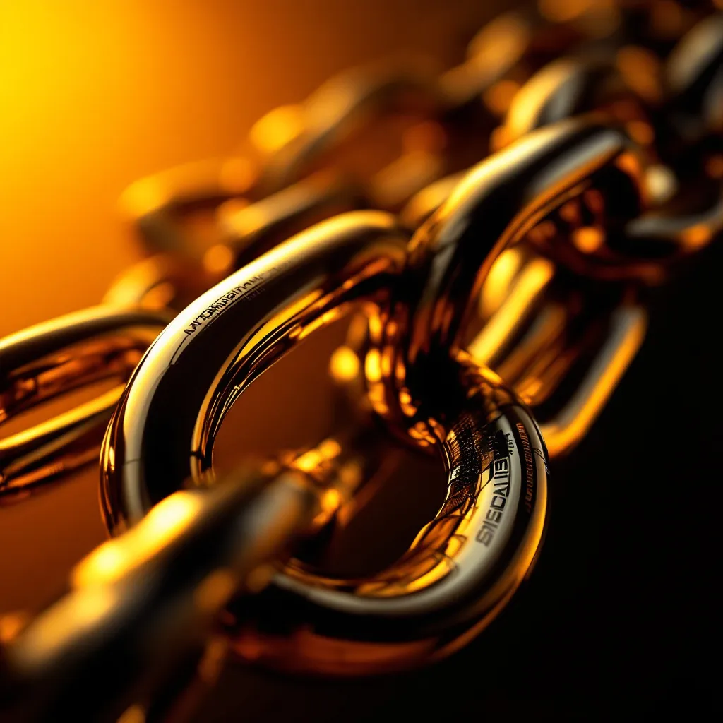 Close-up of interlocking metallic chain links with a sleek, futuristic design, rendered in a high-gloss gold finish. The composition emphasizes the fluid curvature and precision engineering of the links, reflecting warm golden and amber hues. The dramatic lighting creates a strong contrast between highlights and deep shadows, enhancing the sense of depth and solidity. The background transitions from deep orange to soft gold, complementing the luxurious and industrial aesthetic, evoking strength, connection, and resilience in a modern, high-tech style