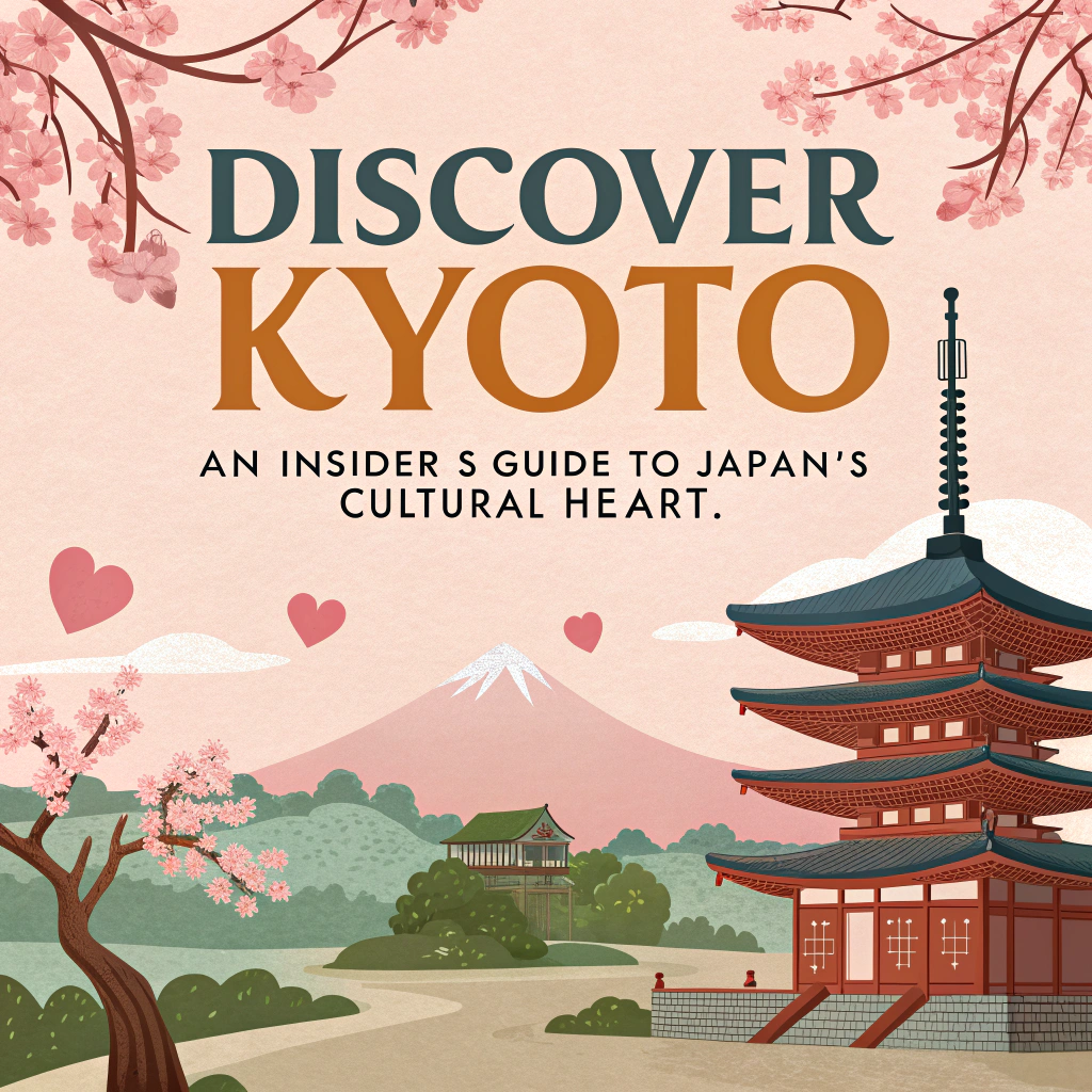 Create an aesthetically compelling, inviting cover for a travel guide titled "Discover Kyoto." Visually highlight iconic and culturally distinctive elements of Kyoto, such as serene temples, traditional wooden buildings, cherry blossoms, or a pagoda silhouette. Incorporate a sophisticated yet inviting color palette. Clearly display the title "Discover Kyoto" prominently, with subtle typography featuring the tagline: "An Insider’s Guide to Japan's Cultural Heart."