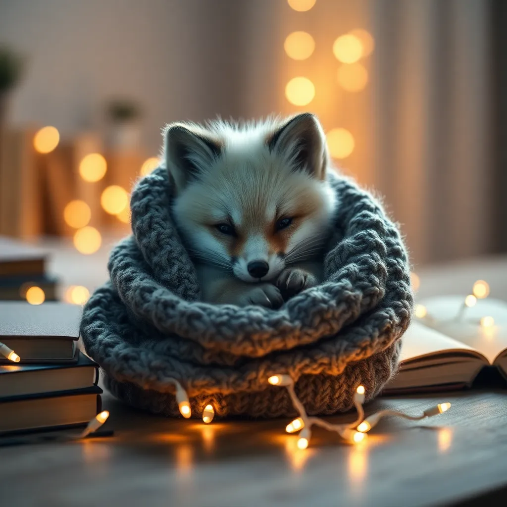 A fluffy baby arctic fox curled up inside a cozy knitted sweater, surrounded by glowing fairy lights and books on a wooden table, warm ambient lighting, soft textures, shallow depth of field, heartwarming and whimsical atmosphere