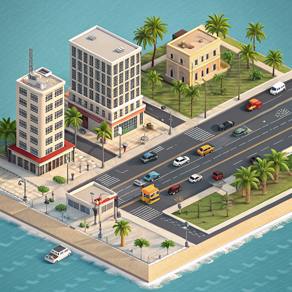 Generate a super realistic 3D view of a city on an island for my city simulation game. It should show a downtown view of a city criss-crossed with a regular street grid, with cars and people going about their day. create realistic office buildings, police station, fire station, port. Make it look like a middle of a sunny day. Make sure the geometry of street and buildings is correct and rendered in isometric projection. Make sure the textures and lighting of the buildings is realistic. Add palm trees and some parks.