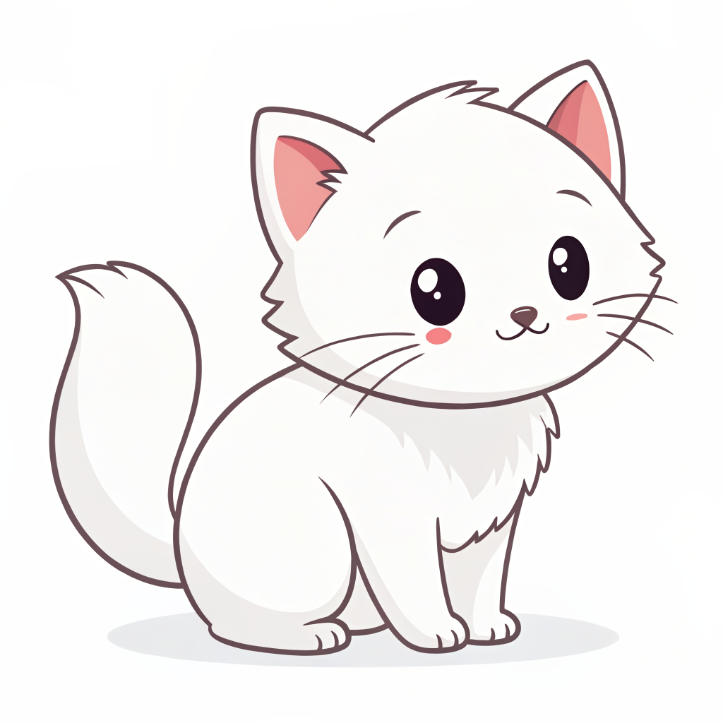 A white-furred kitten illustration that stays very close to the original design language: flat vector/sticker style, soft rounded silhouette, simple clean shapes, compact body, cute cat face, subtle dark outline accents, minimal shading, the same kind of proportions and charm as a small mascot icon. Fur should be white or warm white, with only very light gray shadows to preserve structure. Centered, isolated on a plain background, no text, no accessories, no extra elements, polished and faithful to the original style.