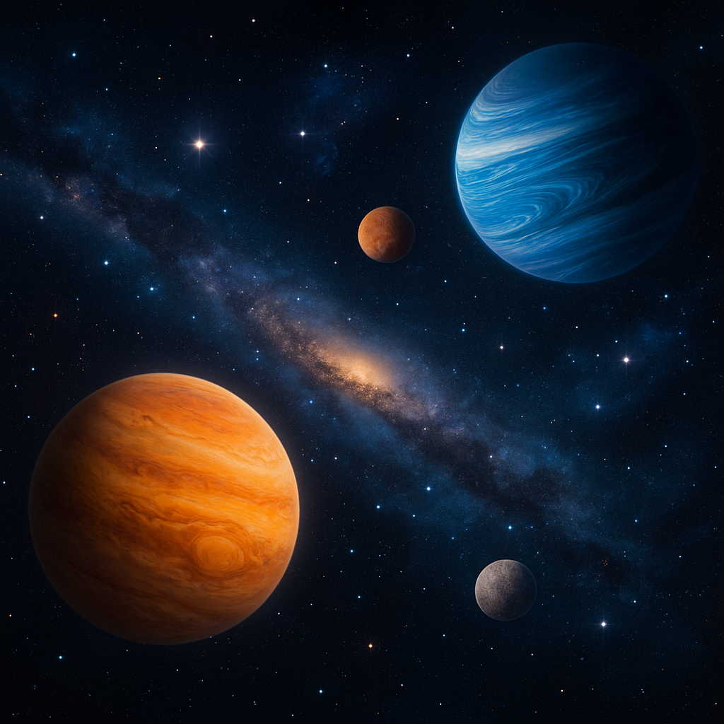 Generate an image featuring celestial bodies in the vastness of space. Include planets, stars, and galaxies to create a captivating cosmic scene.
