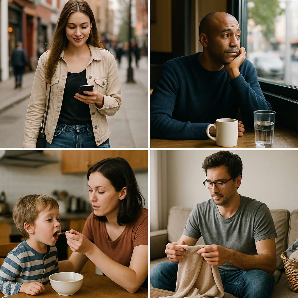 Generate a series of realistic photographs that capture everyday moments in a genuine and relatable manner. Picture scenes of people going about their daily lives, candid expressions, and the beauty found in ordinary details.