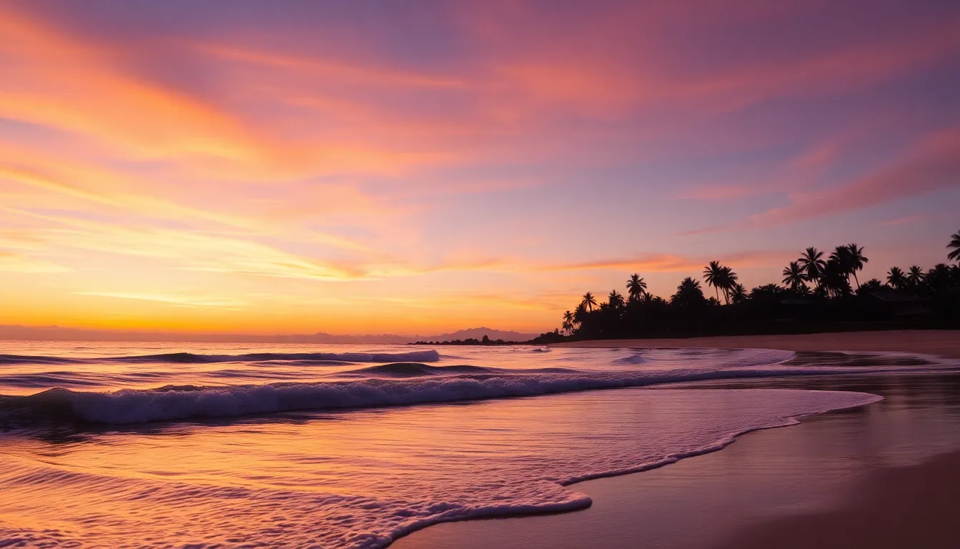 A realistic coastal scene during sunset, showcasing gentle waves on a sandy beach, vibrant hues of orange and purple in the sky, with palm trees silhouetted against the colorful backdrop. The water reflects the sunset, creating a calm and serene atmosphere.