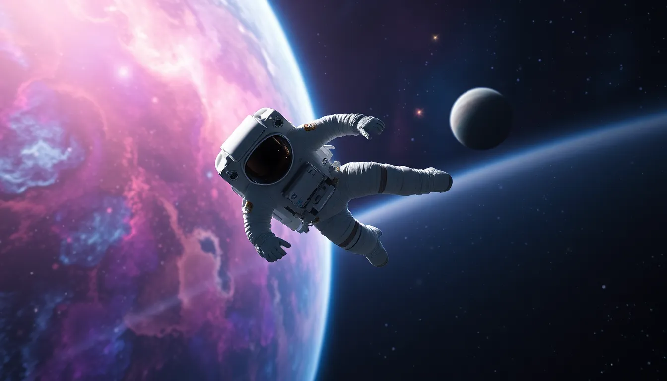 An astronaut floating in space, surrounded by colorful nebulas and distant planets.
