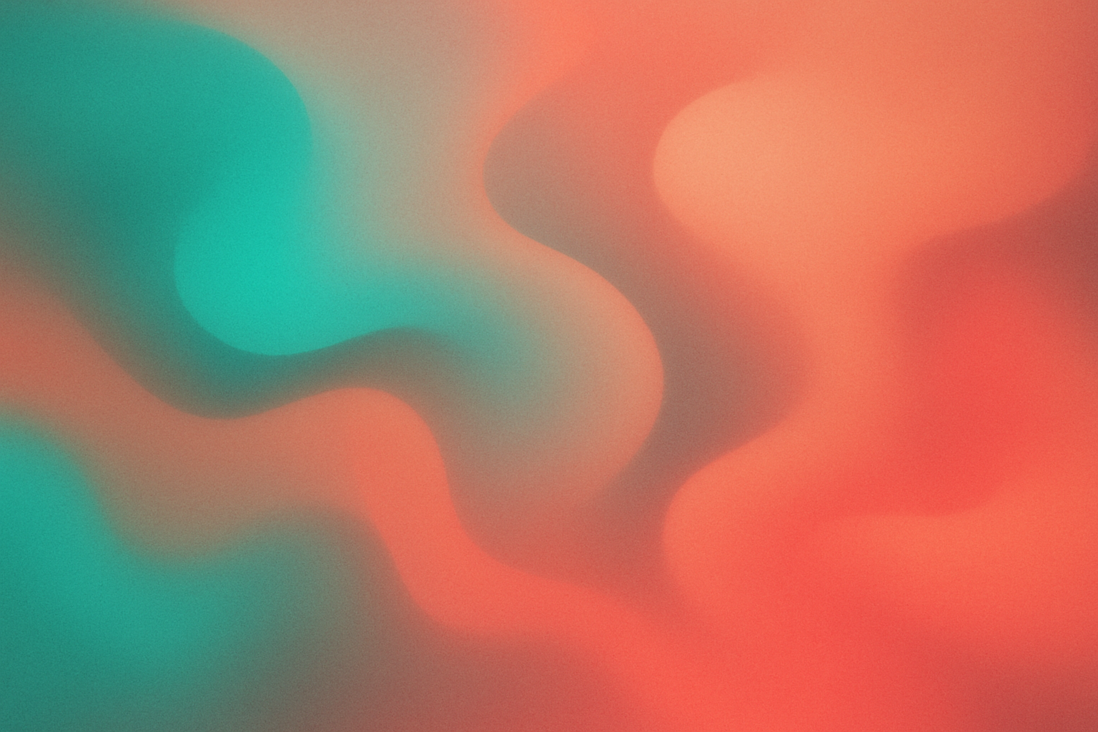 Liquid gradient texture, flowing organic blobs and smooth color transitions from teal #00C2A8 to coral #FF6B6B, soft warm mood, subtle film grain overlay (~8% opacity) for tactile feel, gentle vignette at edges, high detail, no text or logos, abstract background suitable for hero/section use, 1536x1024.