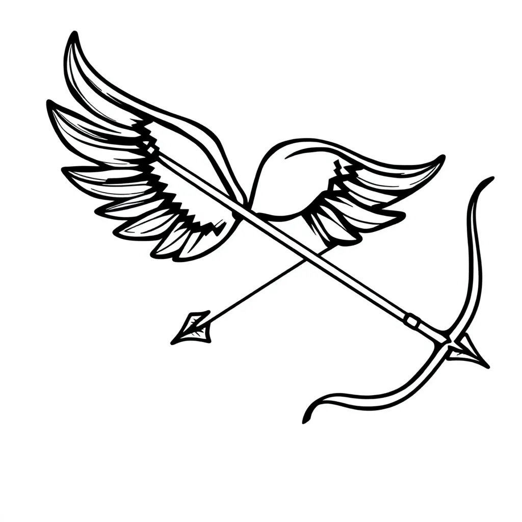 draw me a cupid's arrow and bow illustration, white background, black color drawing