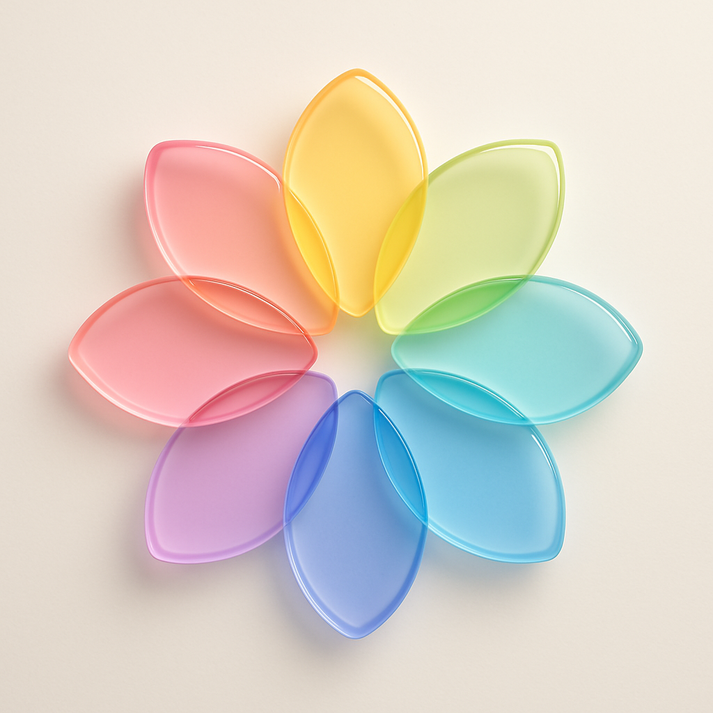 A high-quality 3D-rendered illustration of a color wheel logo. The design features eight symmetrical, petal-shaped leaves arranged in a perfect circular flower pattern. Each leaf is semi-transparent like colored glass, rendered in soft pastel tones including pink, orange, yellow, green, blue, and purple. The petals overlap slightly, creating gentle blended hues where they intersect. The background is a flat, light-toned surface with even, diffused lighting, giving the image a modern, polished, and professional appearance. No text.
