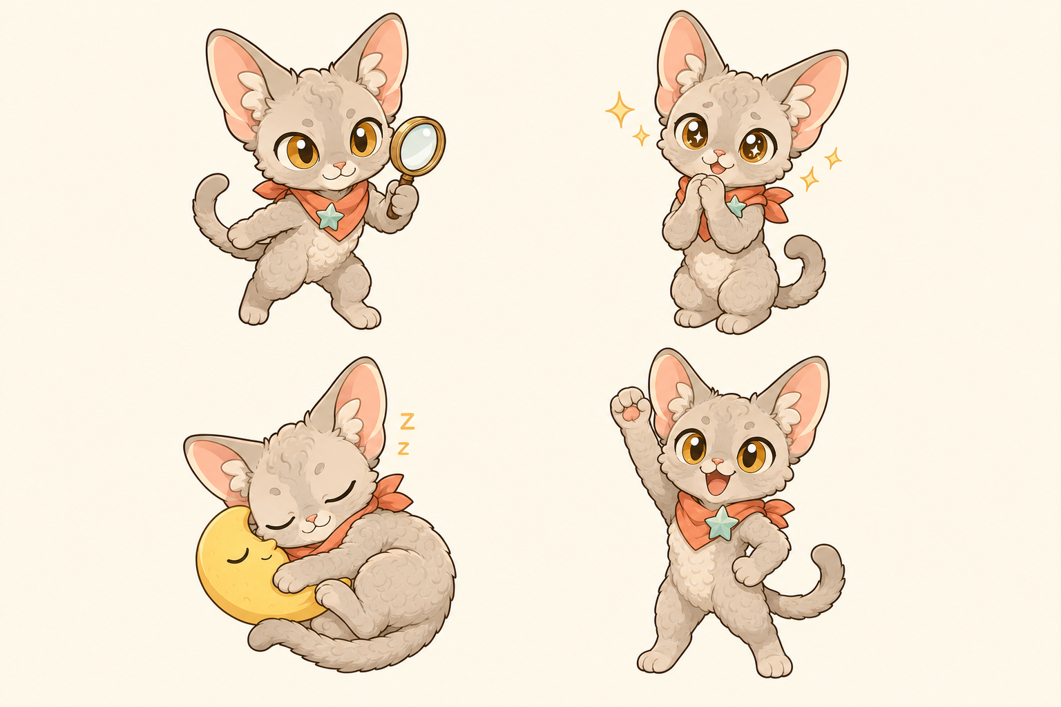 Create a polished full-body pose sheet for the same Devon Rex cat mascot: warm beige-gray short curly fur, oversized bat-like ears, amber eyes, coral-orange neckerchief, mint-green star badge. Show four separate full-body poses in a clean 2x2 grid on a warm cream background: 1) adventurous explorer holding a tiny magnifying glass, 2) affectionate begging pose with paws together and sparkling eyes, 3) sleepy curled-up pose with a small moon pillow, 4) proud victory pose with one paw raised. Consistent cute premium Chinese mascot IP design, rounded simplified shapes, bold clean outlines, flat vector-like colors, expressive body language, toy and sticker friendly, no text, no watermark.