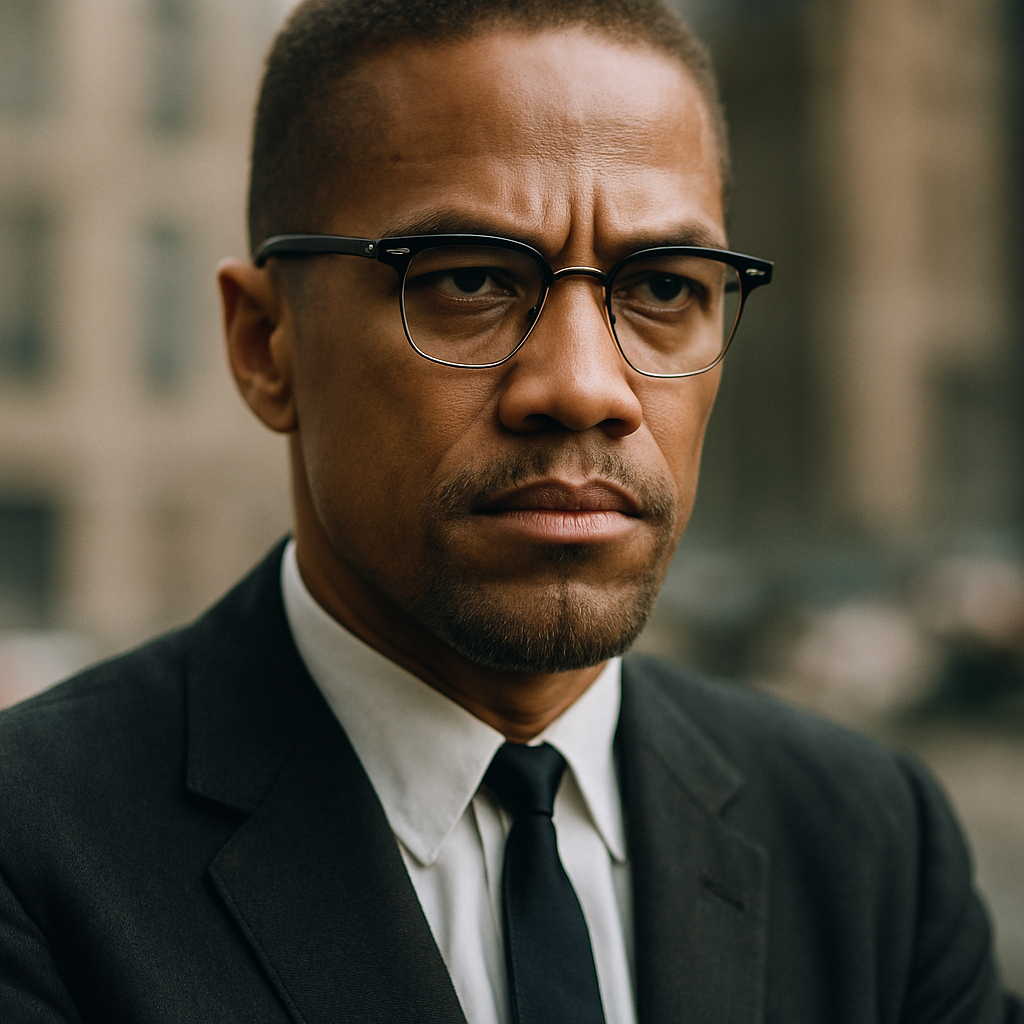 a realistic photograph of Malcolm X, the influential civil rights leader. Capture his charisma, determination, and commitment to justice and equality. Picture a moment that reflects his charisma, determination, and commitment to advocating for justice and equality.