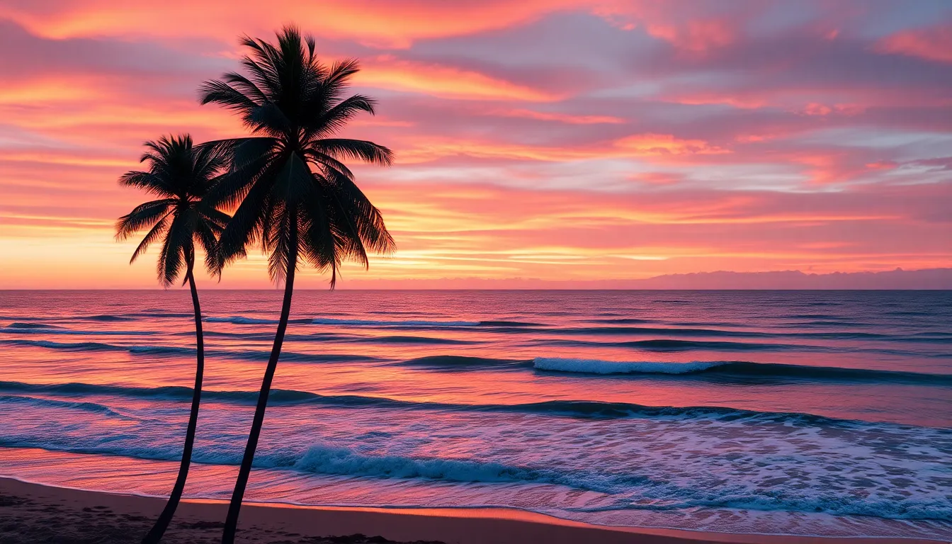 A realistic coastal landscape at sunset, featuring gentle waves rolling onto a sandy beach, with tall palm trees in the foreground. The sky is filled with vibrant shades of orange, pink, and purple, casting reflections on the water for a serene atmosphere.