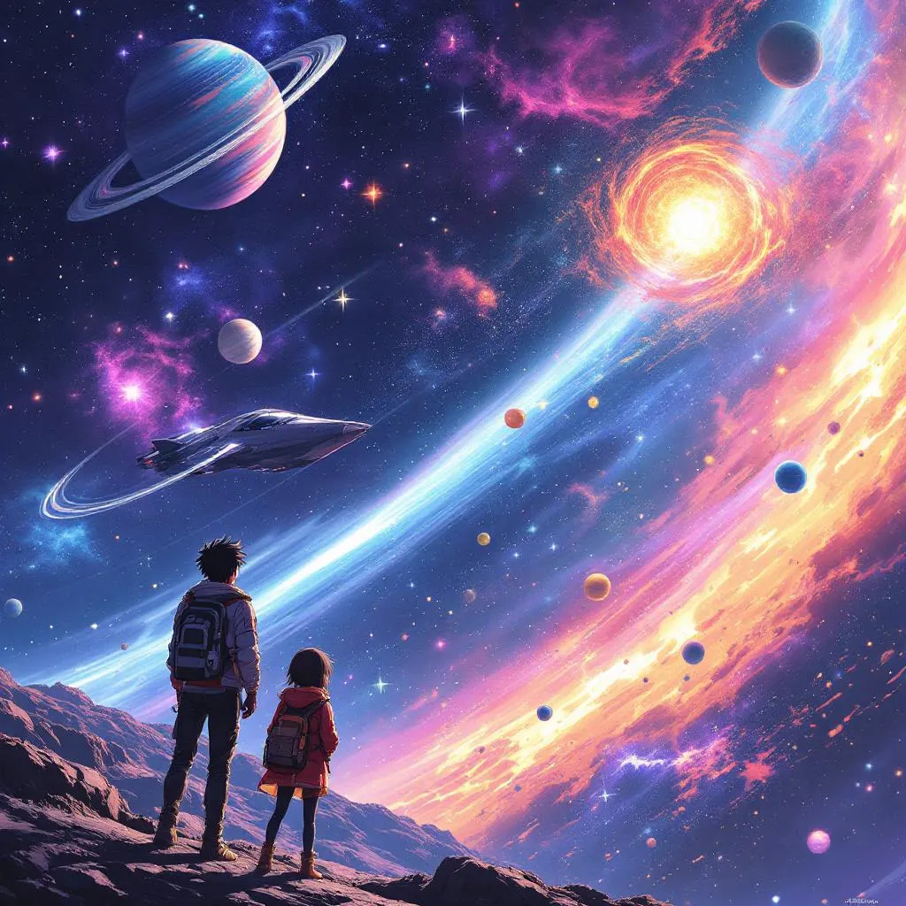 A futuristic anime scene depicting space exploration, featuring a sleek spacecraft soaring through a vibrant galaxy filled with colorful nebulae, stars, and alien planets. The protagonists are adventurous anime characters with unique outfits and expressions, as they gaze in awe at the vastness of space. The art style should be reminiscent of popular anime series.