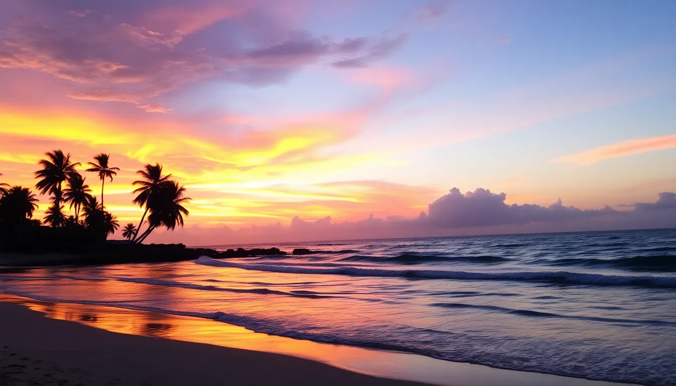 A stunning and realistic coastal view during sunset, featuring gentle waves lapping against a sandy beach. Silhouettes of palm trees are seen in the foreground against a dramatic sky filled with hues of orange, pink, and purple, reflecting beautifully on the calm water.