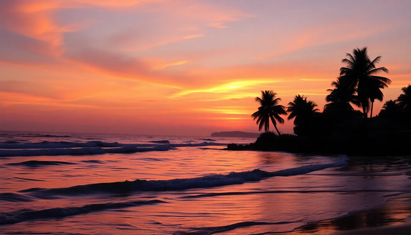 A realistic coastal view during sunset, showcasing gentle waves lapping at the shore, silhouetted palm trees in the foreground, and a colorful sky with shades of orange, pink, and purple. The water catches the light of the setting sun, with a tranquil atmosphere.
