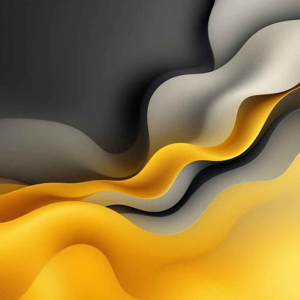 Abstract fluid composition with smooth, flowing shapes, rendered in a sophisticated palette of gray and vibrant yellow. The gradient transitions create a soft, ethereal effect, blending rich golden-yellow tones with cool neutral grays. The lighting is subtle and diffused, enhancing the modern, minimalistic aesthetic. The overall design evokes a sense of harmony and movement, with an elegant balance between warm yellow and cool gray hues in a contemporary abstract style.

